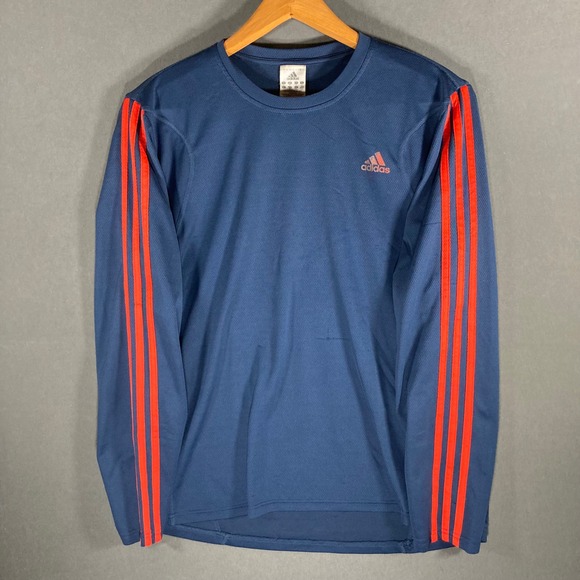 Adidas Mens Long Sleeve Training Shirt Blue Orange 3 Stripes Logo Athletic - Picture 1 of 14